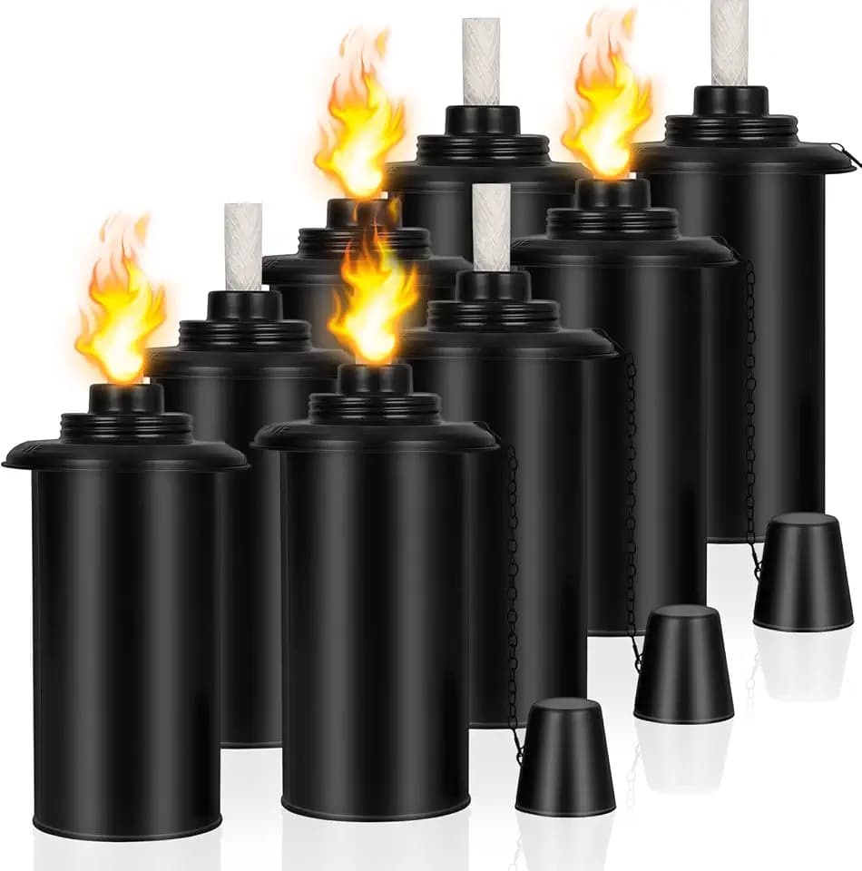 16oz Torch Replacement Canisters - 8 Pack Refillable Metal Torch Fuel Canisters with Wicks and Snuff Covers, Outdoor Tabletop Lantern Decorative Cans for Garden, Patio, Luau, Beach Theme Parties