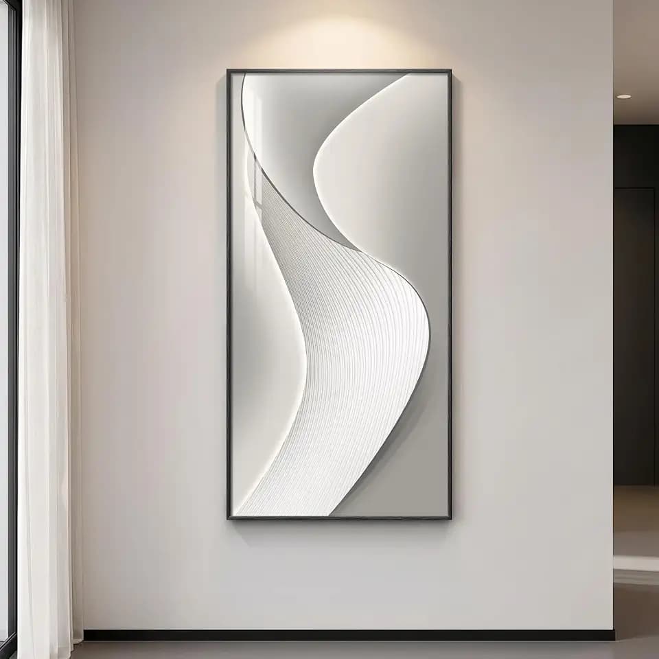Large Framed Silver White Abstract Wall Art for Living Room, Vertical 30x60