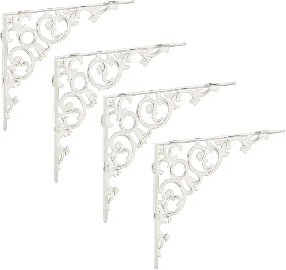 NACH Metal Shelf Brackets, Small Shelf Brackets for Wood Shelves Set of 4, Antique White Cast Iron Wall Shelf Support, Victorian Style Floating Shelf Brackets, 6 x 1.3 x 6 Inches