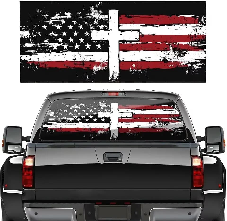 Cross Truck Window Decal,Black and Red American Flag Full Window Decal,Patriotic Car Rear Window Sticker, Personalized Decoration,Fits Pickup Trucks and SUVs,66"x20"