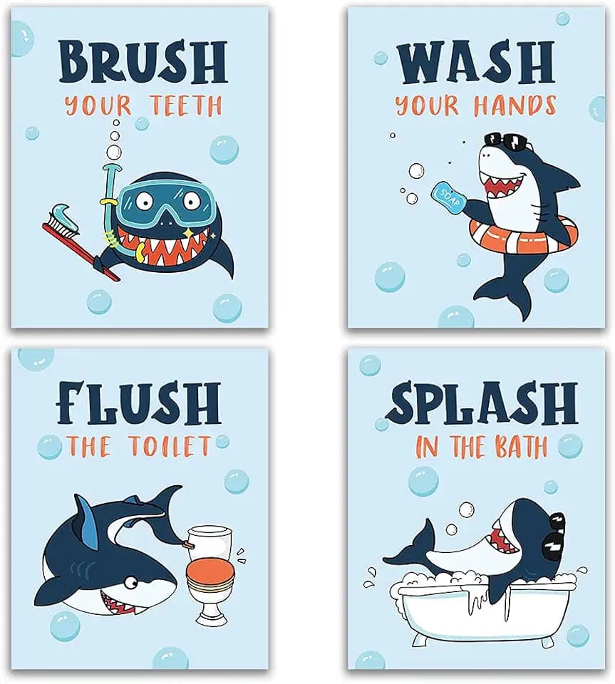 IIILUYOT Funny Colorful Cartoon Sea Life Themed Shark Bathroom Decor Rules Wall Art Print Painting, Sea Bathroom Rules Wall Art for Kids, Girls Boys, Nursery, Wash Brush Flush, 4set 8”X10” No Frame