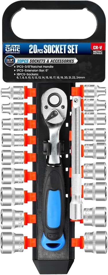 20PCS 3/8" Drive Metric Socket Wrench Set, 90-Tooth Reversible Ratchet Handle，6 Point Shallow Sockets (6-24mm) and Extension Bar 6", CR-V Steel, Tool Set For Car,Motorcycle,Bike Repair