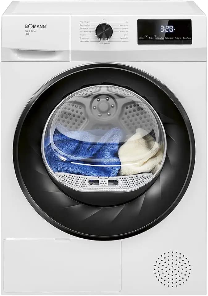 Bomann® Wärmepumpentrockner 8kg | kein Wasseranschluss nötig | Trockner m. Antiknitterfunktion | Wäschetrockner 15 Programme | Kondenstrockner | Kühlmittel R290 | WPT 7154 weiß