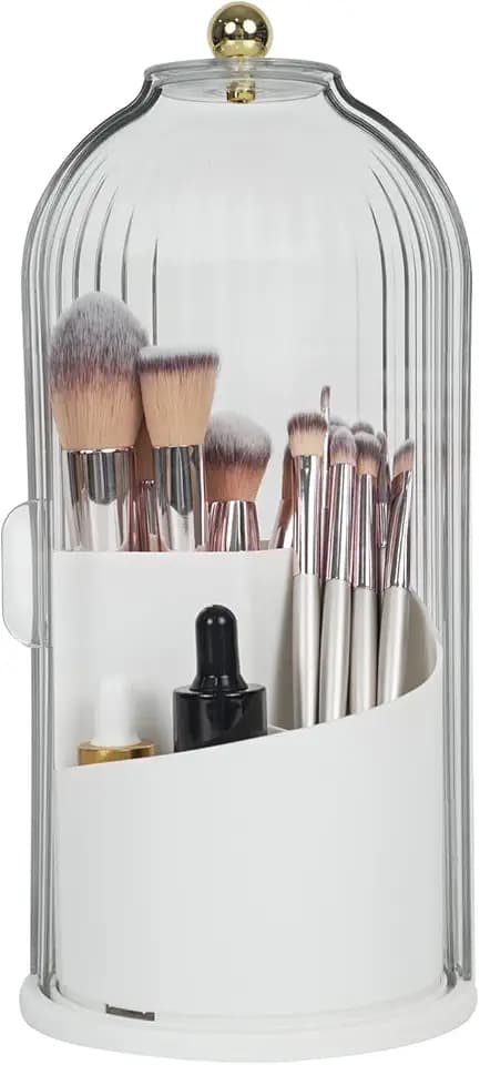 Make-up-Pinselhalter-Organizer mit Deckel, 360° drehbar, transparent, staubdicht Make-up-Pinsel-Organizer für Schminktisch, Schreibtisch, Badezimmer, Arbeitsplatte(Weiß)