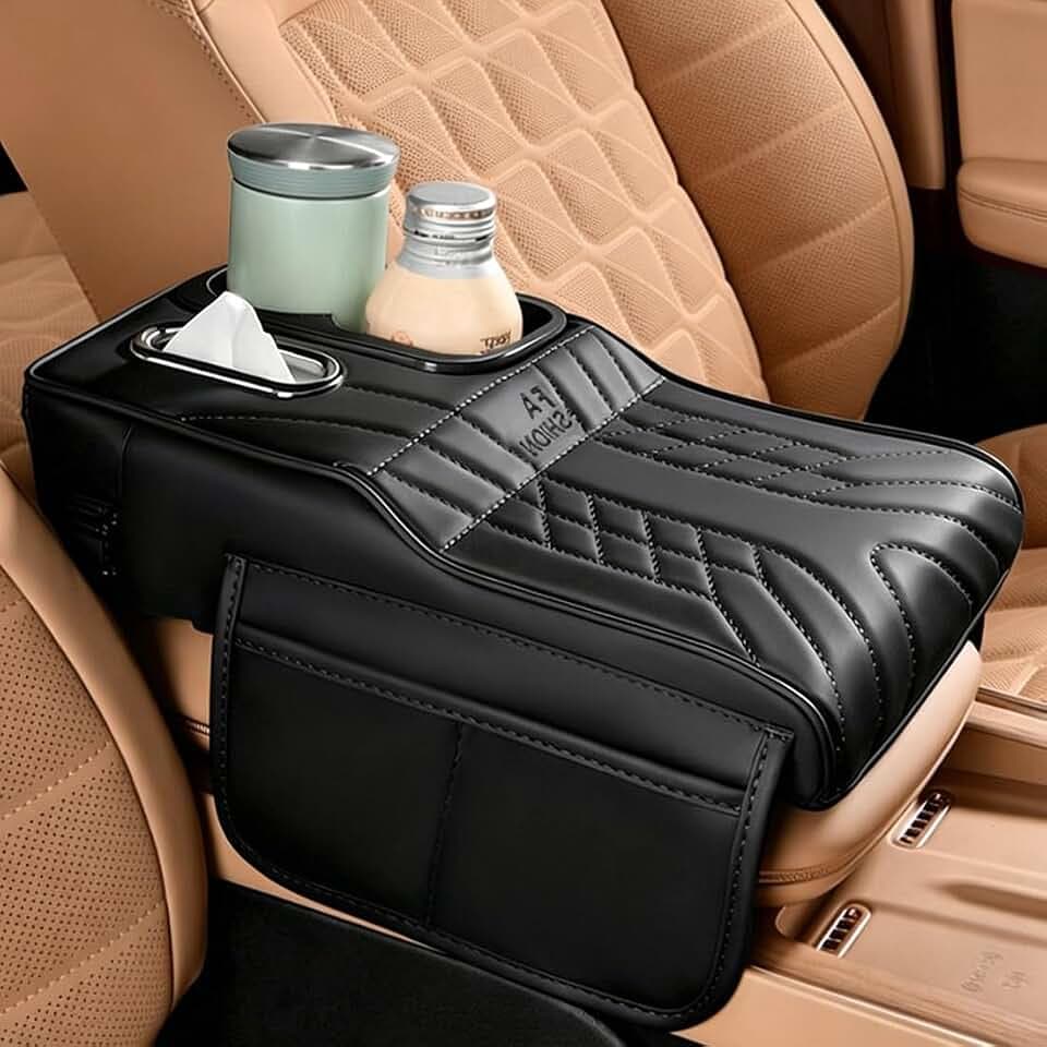 Upgraded Car Center Console Cover,PU Leather Car Armrest Cover Cushion Contains High Elasticity Sponge with Cup Holder,2 Storage Bags Tissue Box (Black-B)