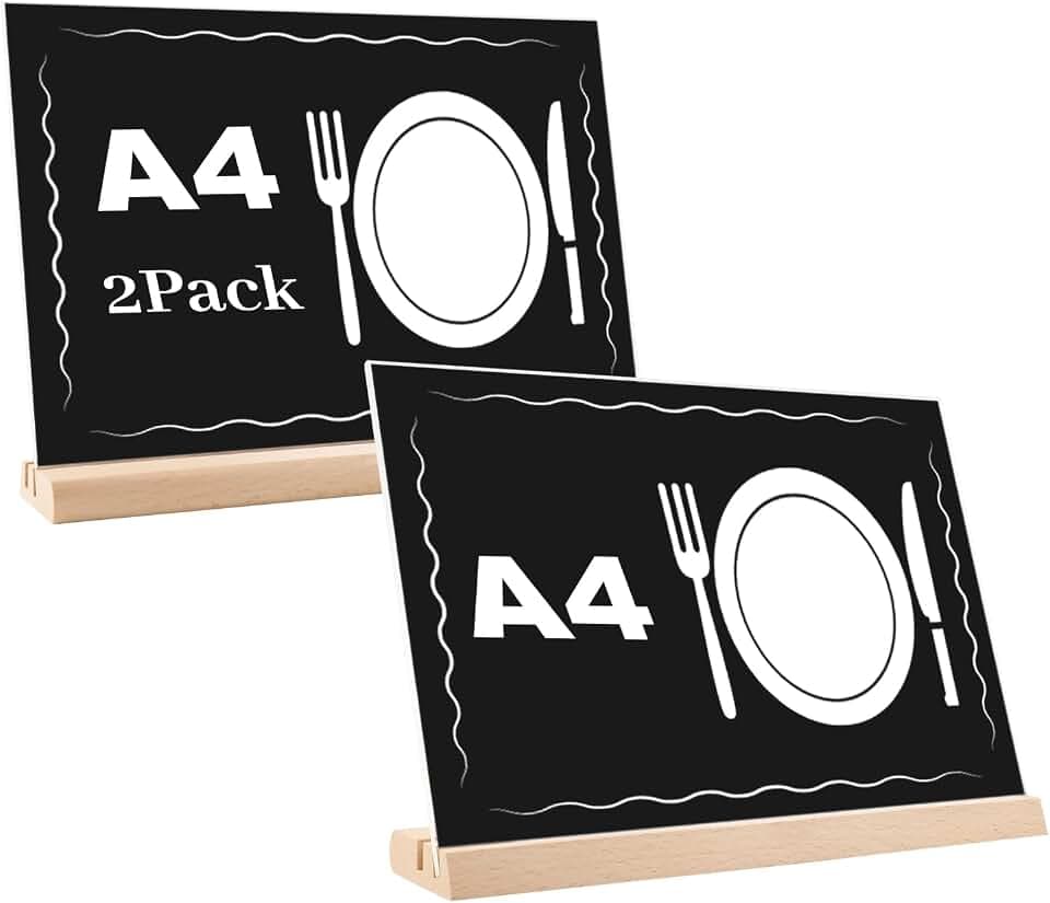 Tischaufsteller A5, Acryl Tischaufsteller mit Holzfuß Buche 2 Stück Hochformat Dualer Kartensteckplatz, Aufsteller Schild Präsentationsständer (A4 Querformat (2 Stücke))