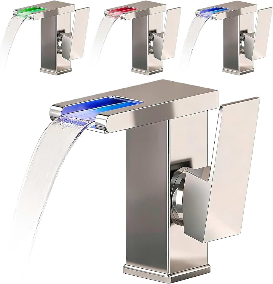 LED Lichter Bad Wasserhahn Schwarz, Wasserfall Armatur, 3 Farbe Waschbeckenarmatur, Warm- und Kaltwasserhahn, Modern Einhebel-Mischbatterie Waschbecken für Badezimmer (60cm Rohre inklusive)