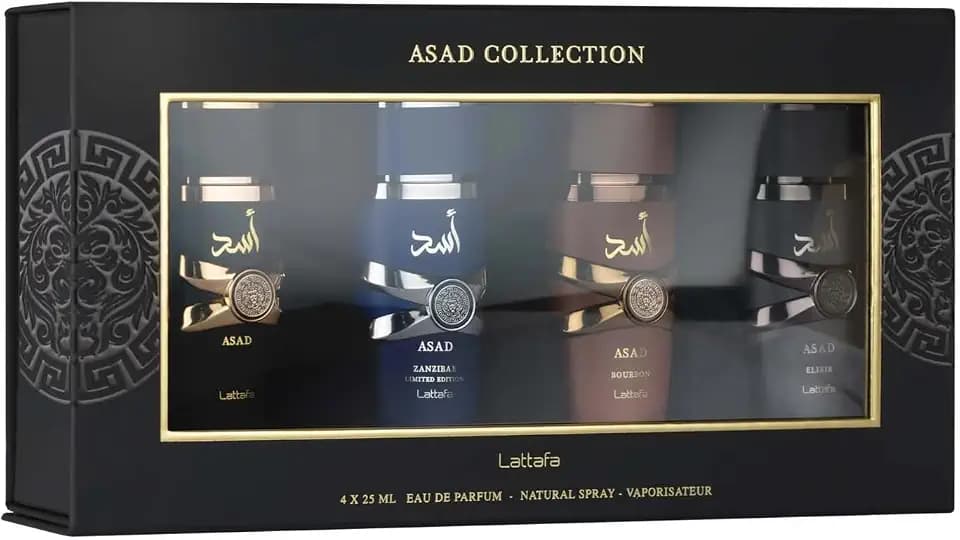 Lattafa Asad 4-Piece Gift Set 25ml – Men's Oriental Fragrance Collection | Asad, Elixir, Bourbon & Asad Zanzibar LE
