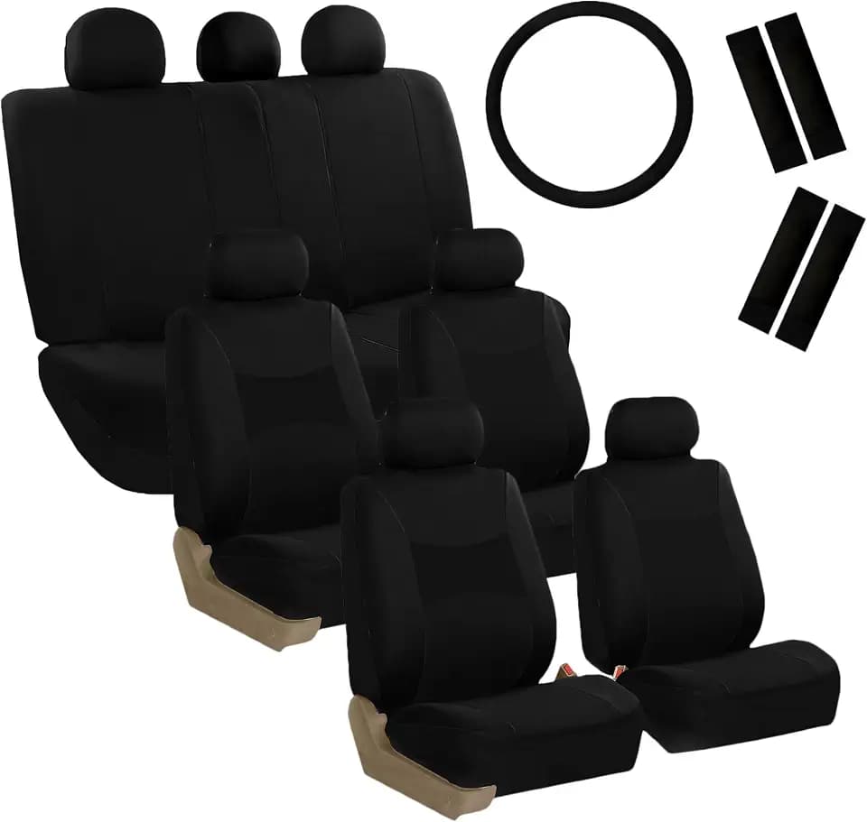 FH Group Light & Breezy Flat Cloth Cars Seat Covers Combo Steering Wheel Cover & Seat Belt Pads, Airbag and Split Rear Universal Fit Interior Accessories Cars Trucks SUV 7 Seater Three Row Set Black