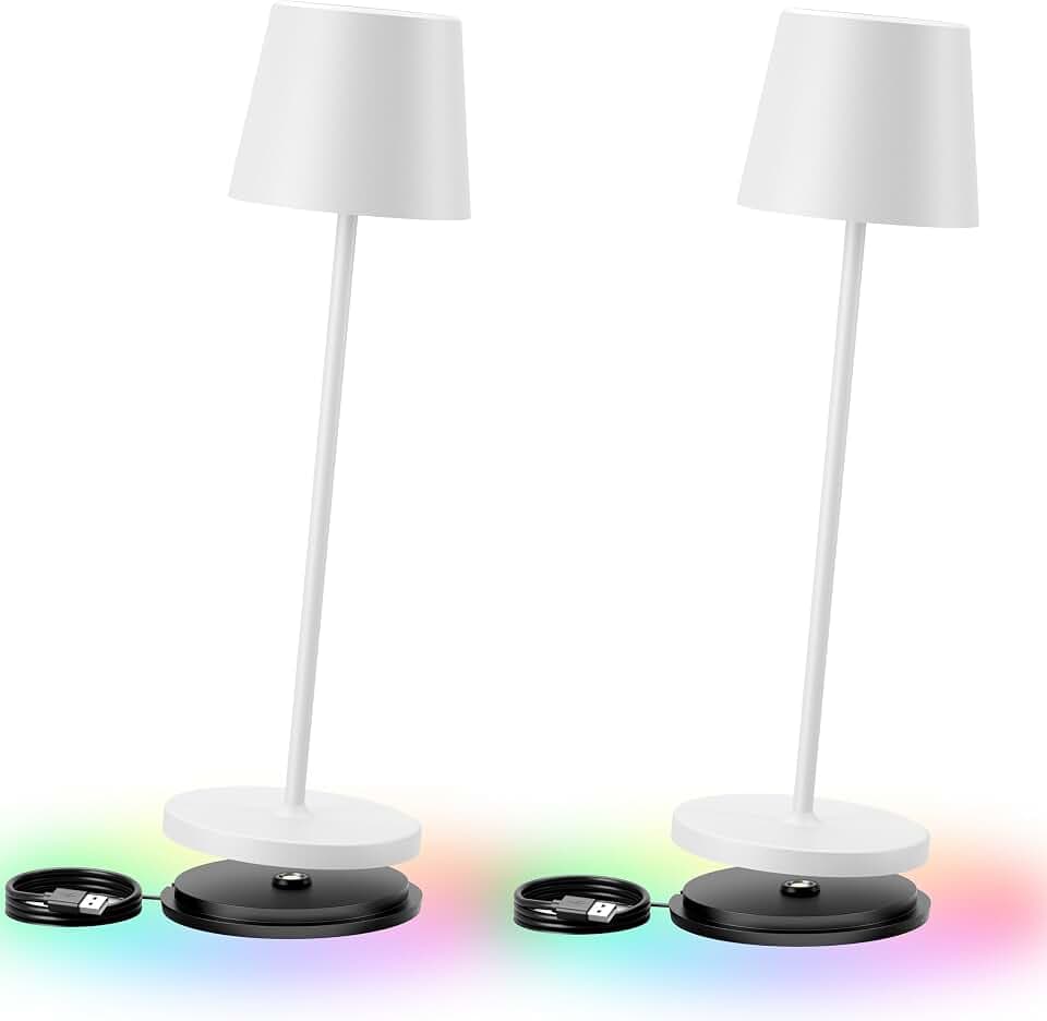 brightower 2 Stück LED Akku Tischlampe Kabellose, Dimmbare Touch Tischleuchte mit USB Ladestation, Warmweiß & 8 RGB Farben Outdoor Tischlampe, Aluminium, IP54 Wasserdichte (Weiß 2 Stück)