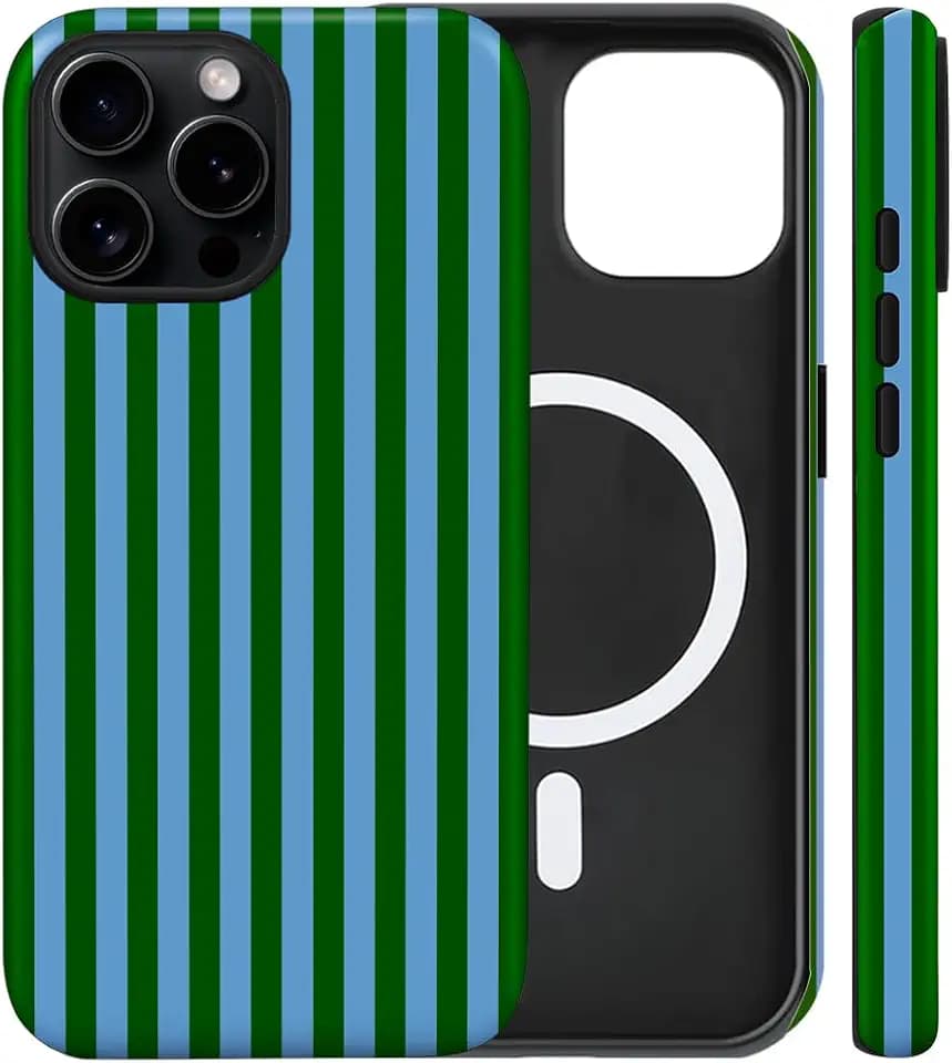 Magnetic for iPhone 13/14 Case Cute Stripes Phone Case, Green and Blue