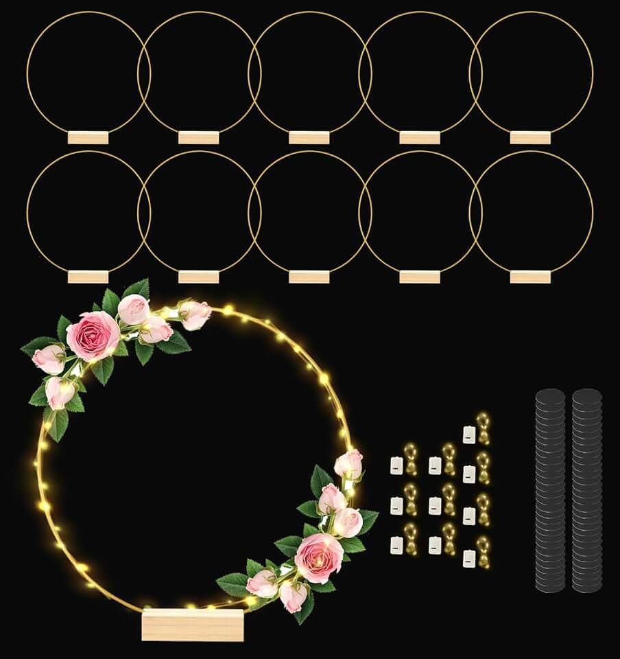 12 Inch 10 Sets Metal Floral Hoop Centerpiece with Wood Stands and LED Fairy Lights, Gold Metal Rings for Christmas Party Dream Catcher Wedding Table Wreath Decor, Wall Hanging Wreaths