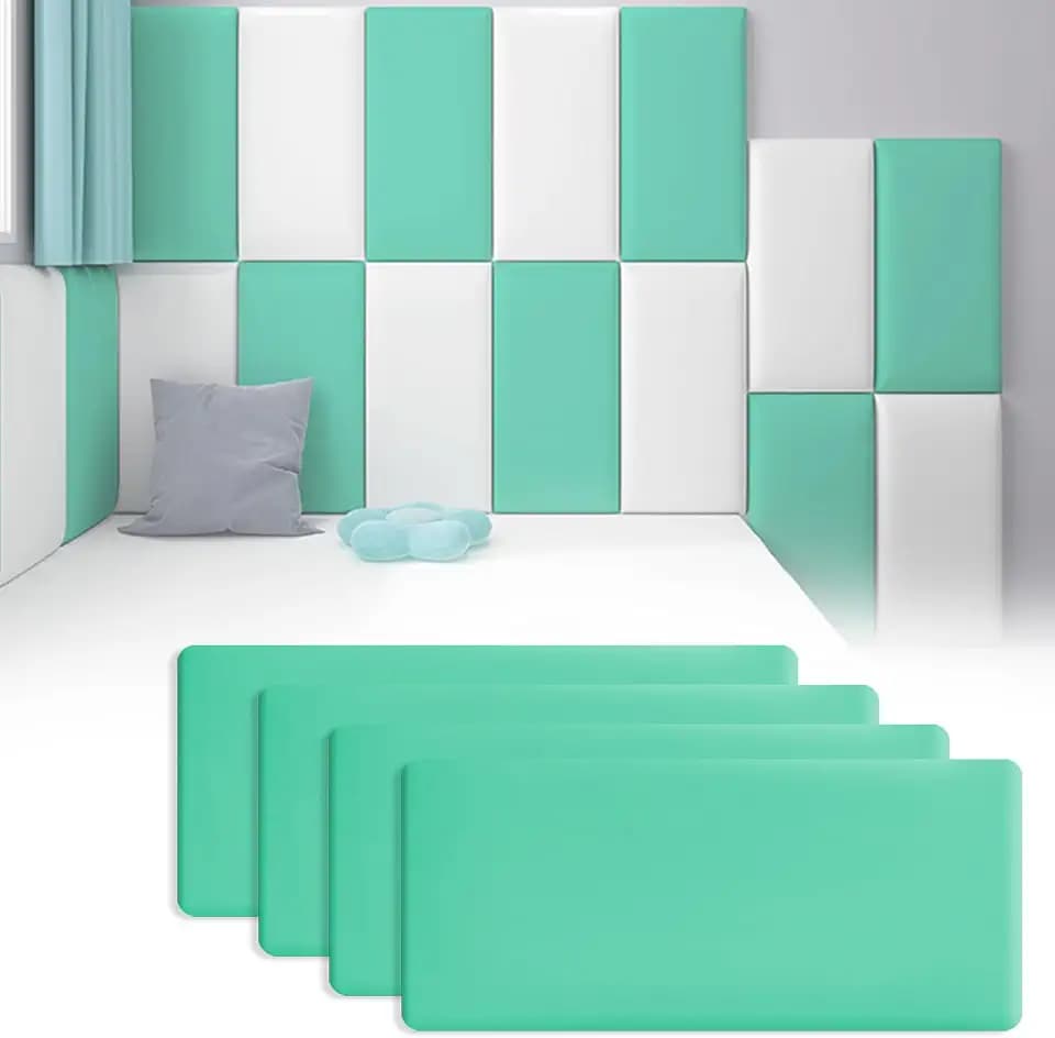 4 PCs 40 * 20cm, Polsterplatte, als Bettkopfteil oder Aufprallschutz, Dekoratives Wandpaneel, Wandpolster Kinderzimmer, Wandpaneele Gepolstert (Mintgrün, 40 * 20cm丨4 Stück)