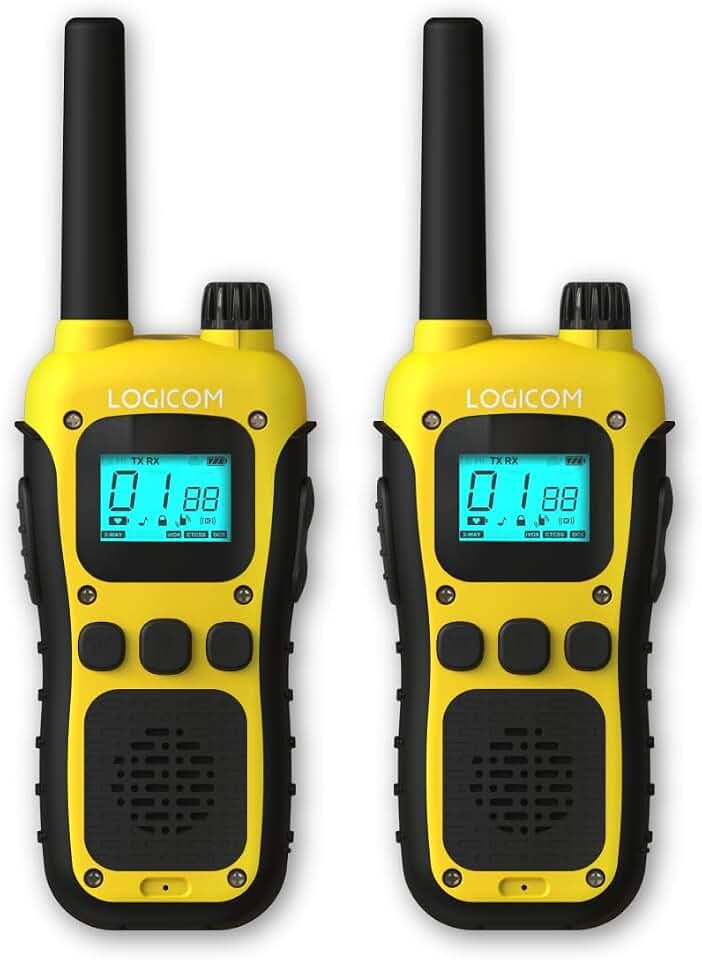 Logicom - Adventure Walkie-Talkie PMR446 IP54 Reichweite 10 km Akkulaufzeit 20h LCD-Display USB-C Taschenlampe VOX Freisprechfunktion 16 Kanäle Akku 1000 mAh 2er-Set