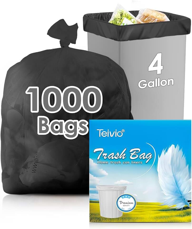 Teivio Small Black Trash Bags 4 Gallon 1000 Count Kitchen Bulk Garbage Bags