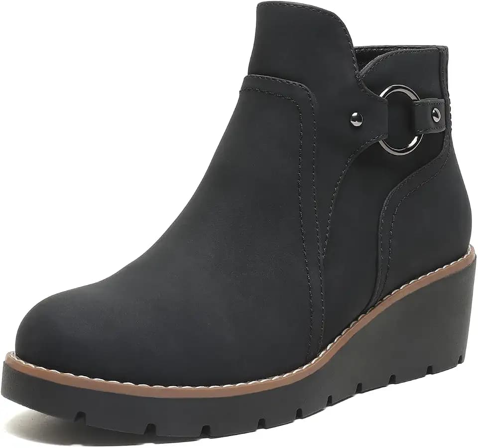 Womens Wedge Ankle Boots Chunky Low Heel Fall Short Booties Side Zipper