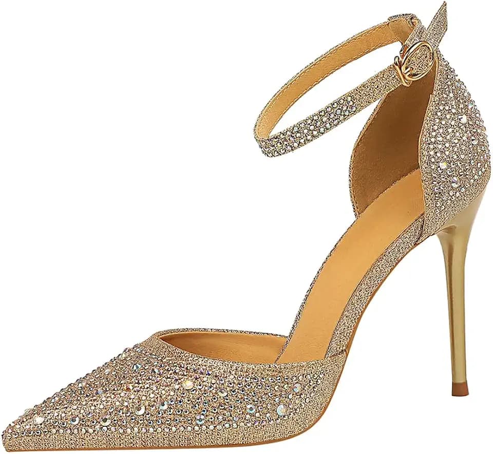 Glitzernde Damen-Sandalen mit spitzem Zehenbereich, Stiletto-High-Heels, Knöchelriemen, Hochzeit, Abschlussball, Pumps