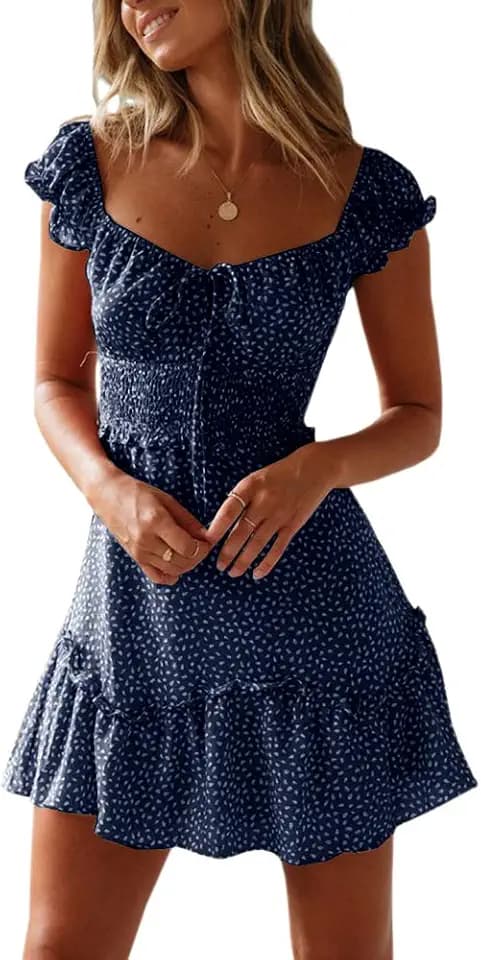 YOBECHO Women Summer Sundress Cap Sleeve Sweetheart Neck Print Mini Dress
