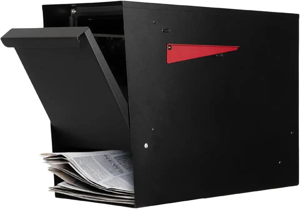 Ilyapa Large Modern Mailbox for Outside - Black, Newspaper Box - Post Mount