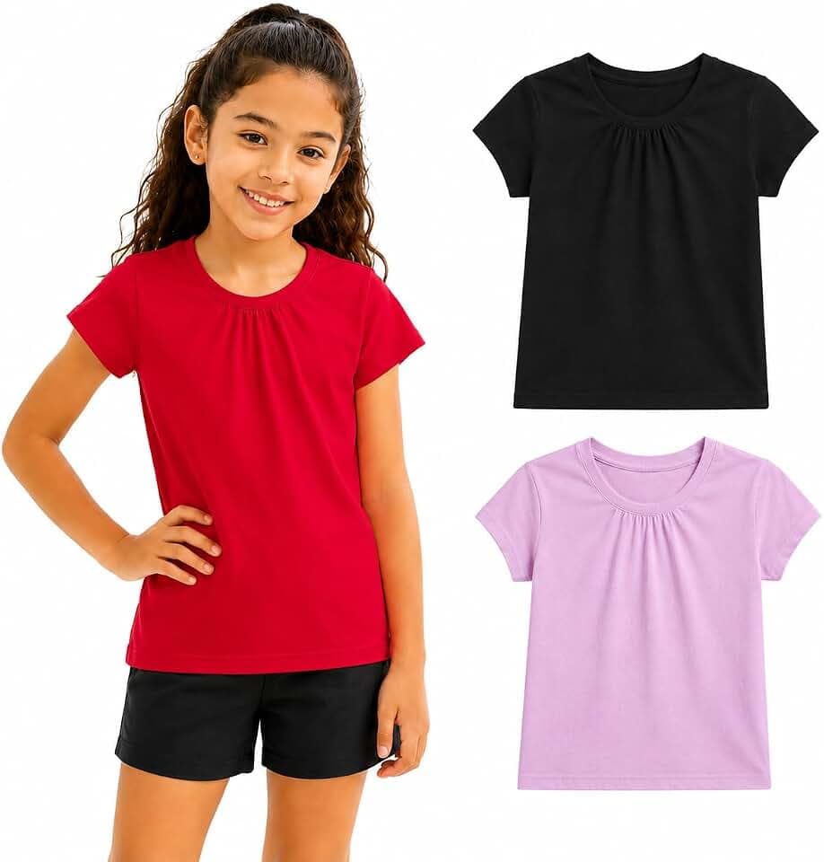 BIENZOE Mädchen Antimikrobiell Schnelltrocknend Kurzarm T-Shirt 3pcs Satz