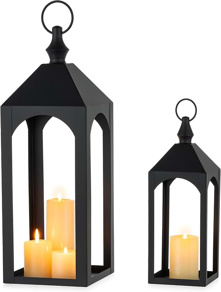 17" & 11" Black Metal Outdoor Floor Lantern(No Candles Included)
