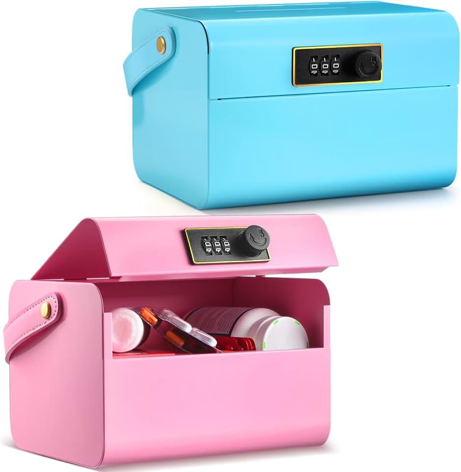 Honeydak 2 Pcs Locked Medicine Box Lockable Storage Box, Pink and Blue