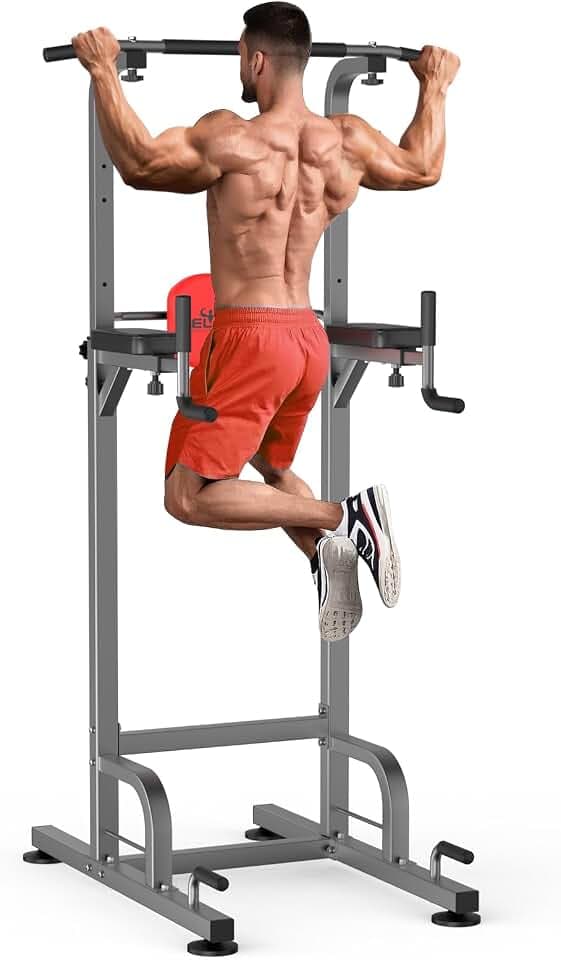 RELIFE REBUILD YOUR LIFE Power Tower Klimmzüge Dips Höhenverstellbares Multifunktions Fitnessgerät Zuhause Kraftstation Klimmzugstange Dip Station Liegestützgriffe (Grau)