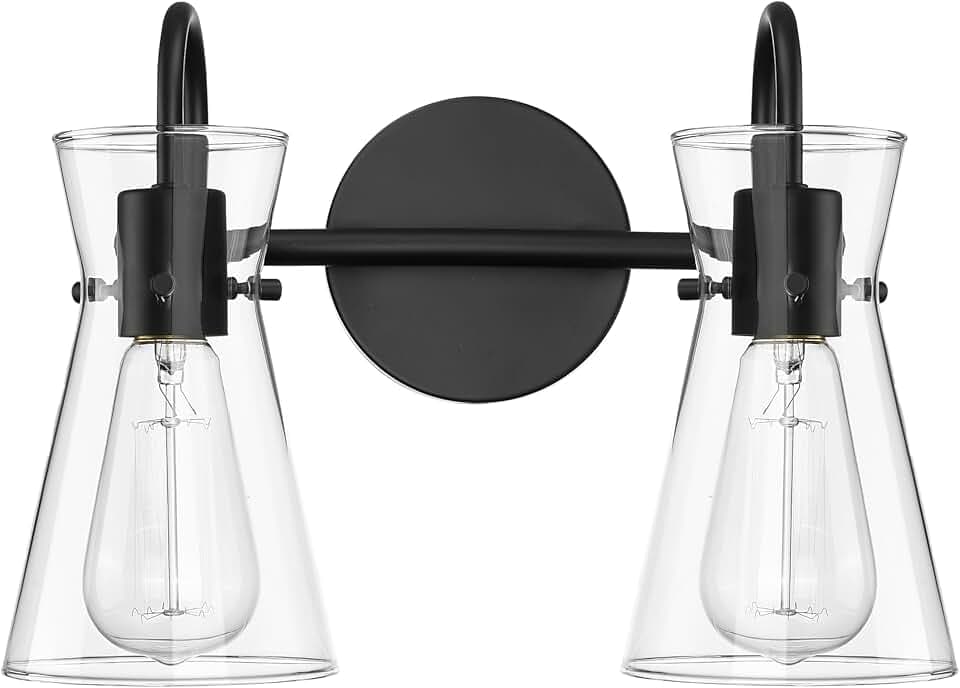 ML Lighting | Camellia Collection | 21002-MB | 2 Light Vanity in Matte Black Finish with Clear Glass Shade | Versatile Design That adds High-End Texture and Elegance to Your Bathroom