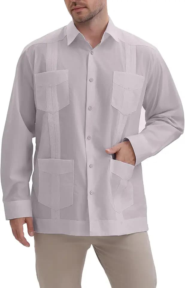 MAXJON Men's Guayabera Shirts for Men Long Sleeve Cuban Snap Button Shirts Mexican Guayabera Shirts with Four Pockets