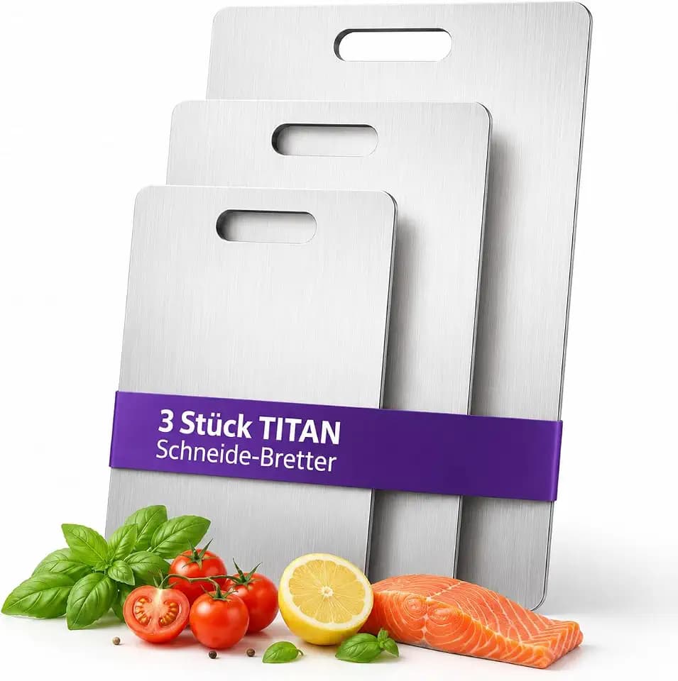 NOVA Titan Schneidebrett 3er Set S M L, Edelstahl Schneidebrett Set spülmaschinenfest, hygienische Schneidebretter geruchsneutral & platzsparend, Titanium Cutting Board für Obst Gemüse Brot Käse