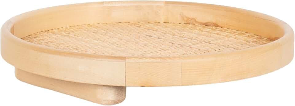 Kate and Laurel Planche Decorative Footed Woven Rattan Round Tray with Solid Wood Frame, 16 Inch Diameter, Natural, Modern Circle Wood Serving Tray for Living Room or Entryway Decor