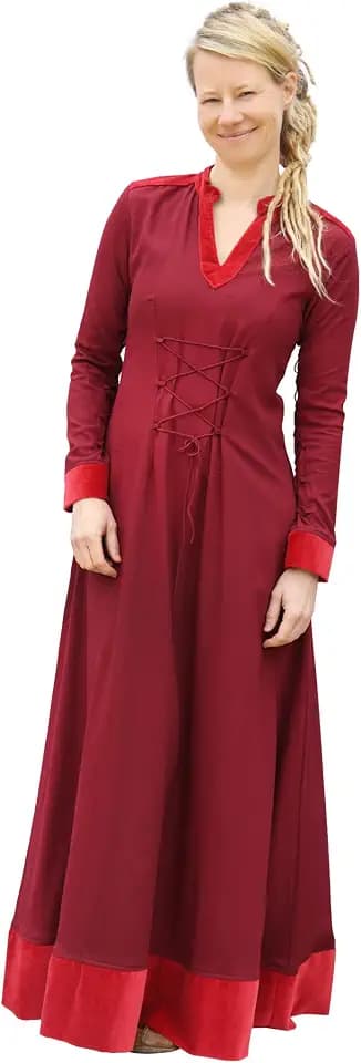 Battle-Merchant Meira Medieval Lace-Up Dress for Women Cotton Gown with Velvet Trim, Renaissance Faire, LARP & Gothic Costume