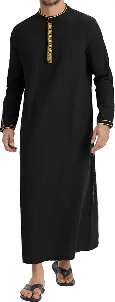 YAOHUOLE Thobe for Herren Kaftan-Bademantel aus Baumwollleinen, langärmelig, muslimischer Kaftan, mit Stehkragen und Taschen