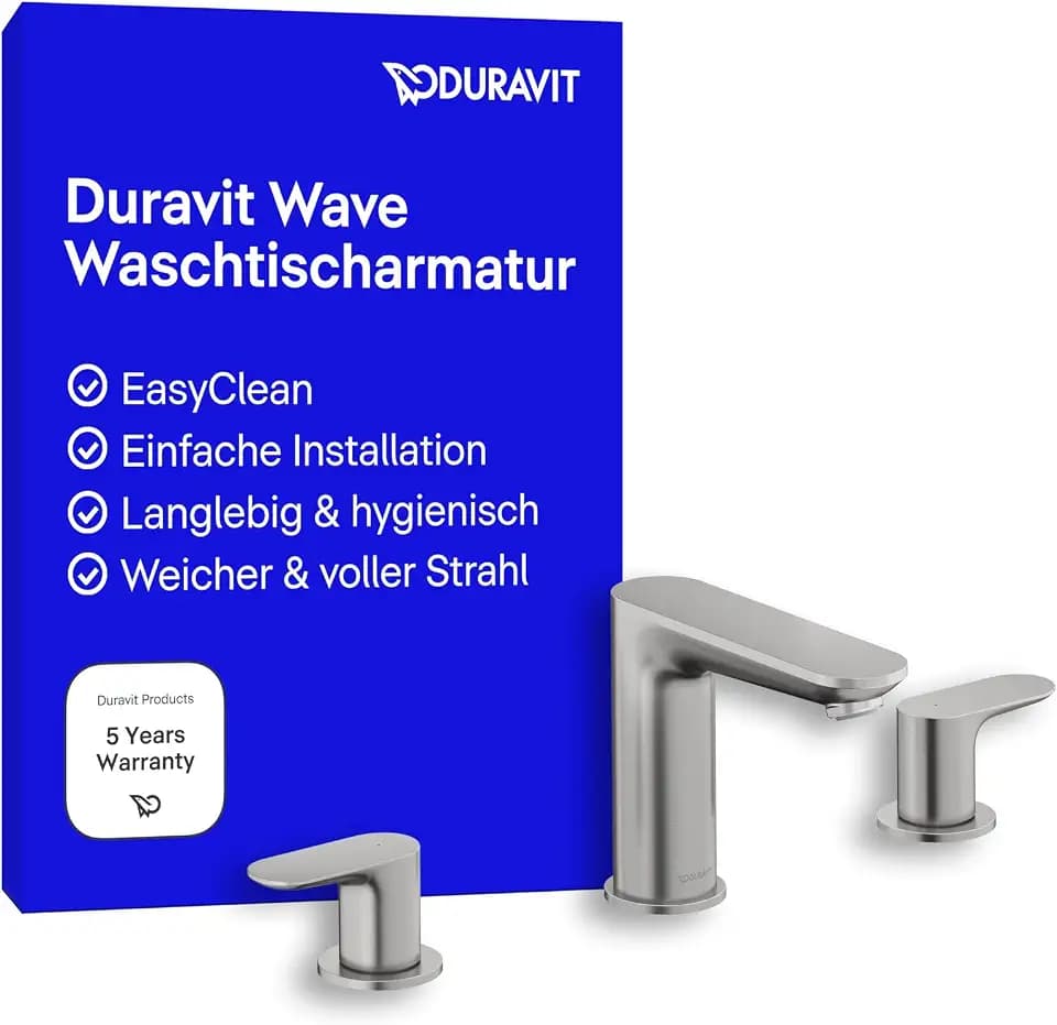 Duravit Wave Waschtischarmatur (Auslauf Höhe 108 mm), 3-Loch Wasserhahn Bad, Armatur Waschbecken, Edelstahl gebürstet