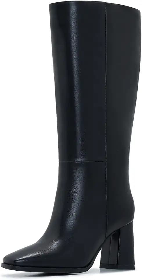 Knee High Boots for Women - Wide Calf Boots with Zipper, Square Toe Tall Leather Boots, Chunky Heel Fashion Long Boots