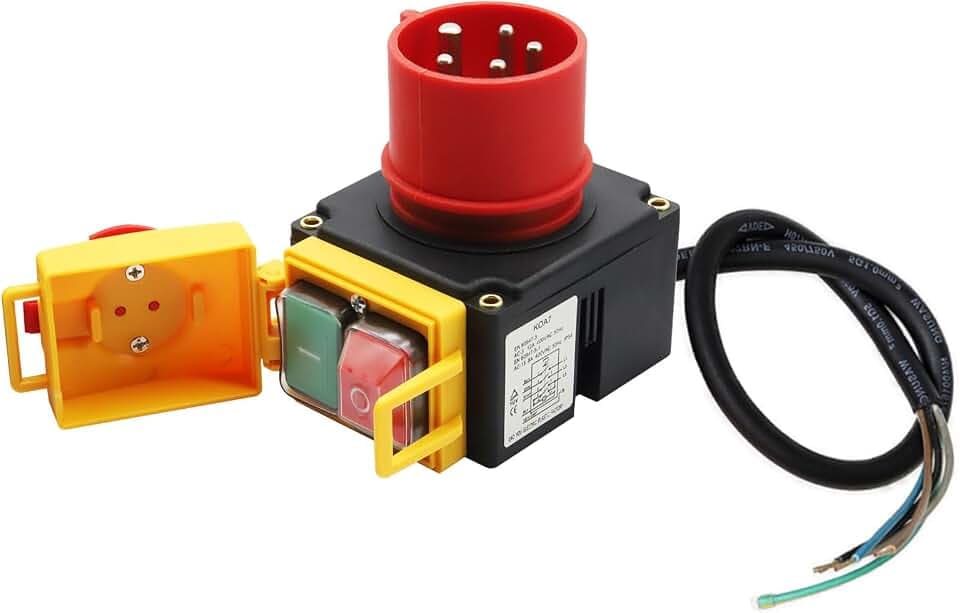 Maschinenschalter 400V, 3-phasig Motorschutzschalter mit 5P-Industriestecker, Notausschalter mit CEE-Stecker, Elektromagnetischer mit Phasenwender, Schalter Sicherheitsschalter Nullspannungsschalter