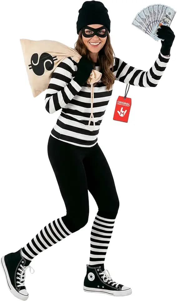 Morph Sträfling Kostüm Damen, Gestreiftes Halloween Kostüm Damen