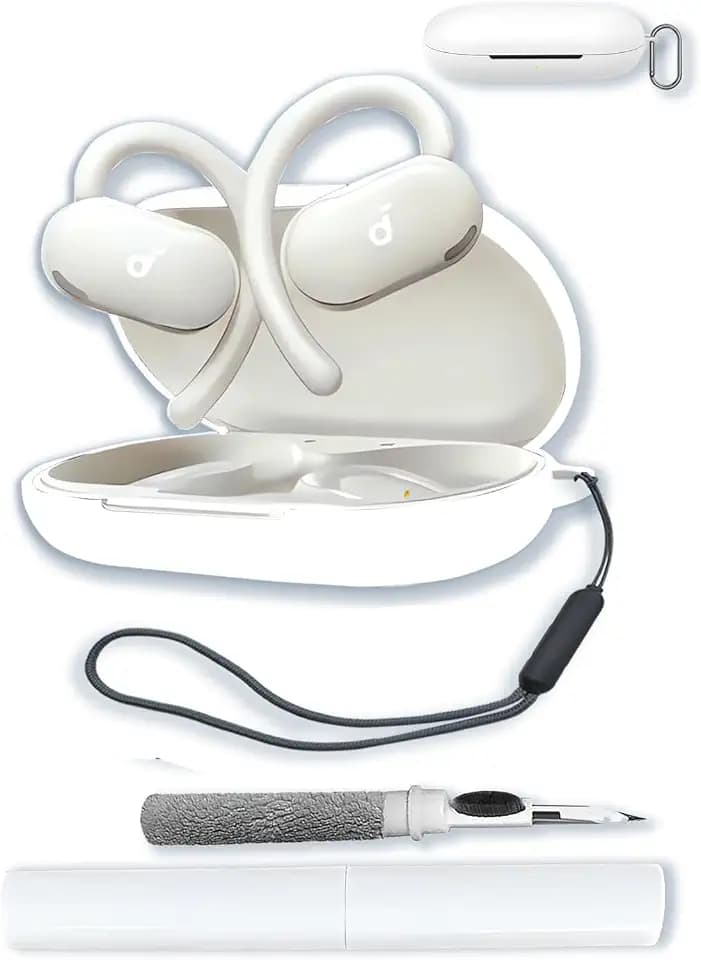 Silicone Case Compatible with Soundcore V20i by Anker with Keychain,Cleaning Kit and Lanyard Soft Protective Shockproof Cover for Anker Soundcore V20i Open-Ear Headphones-White