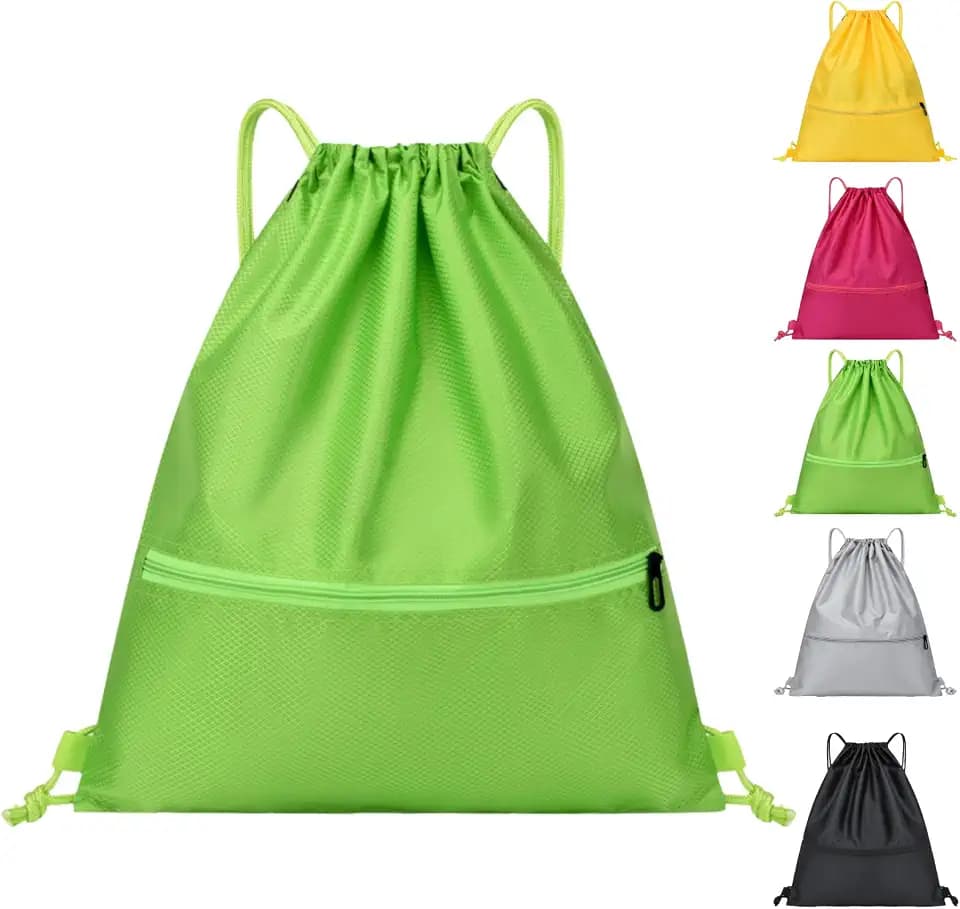 Arae Wasserdichter Drawstring Rucksack aus Oxford-Stoff mit Vortasche, Leichter Sportbeutel für Fitness und Reisen, Grün, L
