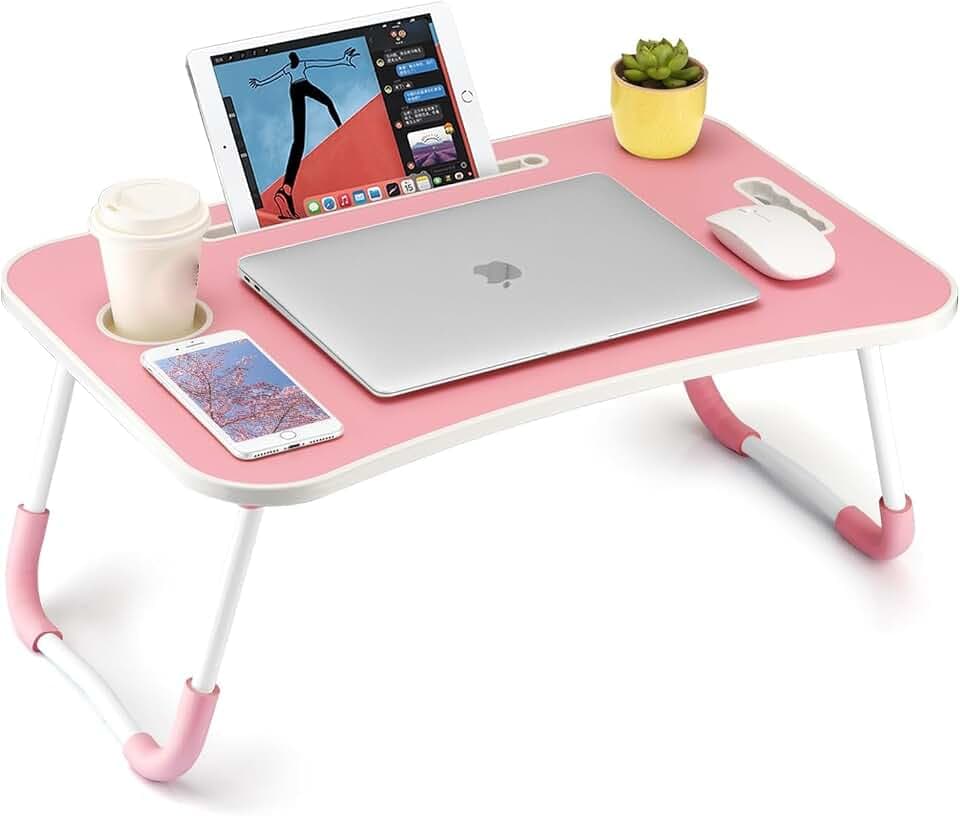 FISYOD Foldable Laptop Table, Portable Lap Desk Bed Table Tray, Laptop Stand with Cup Holder & Tablet Slot & Lifting Handle for Working Writing Drawing & Eating (Pink)