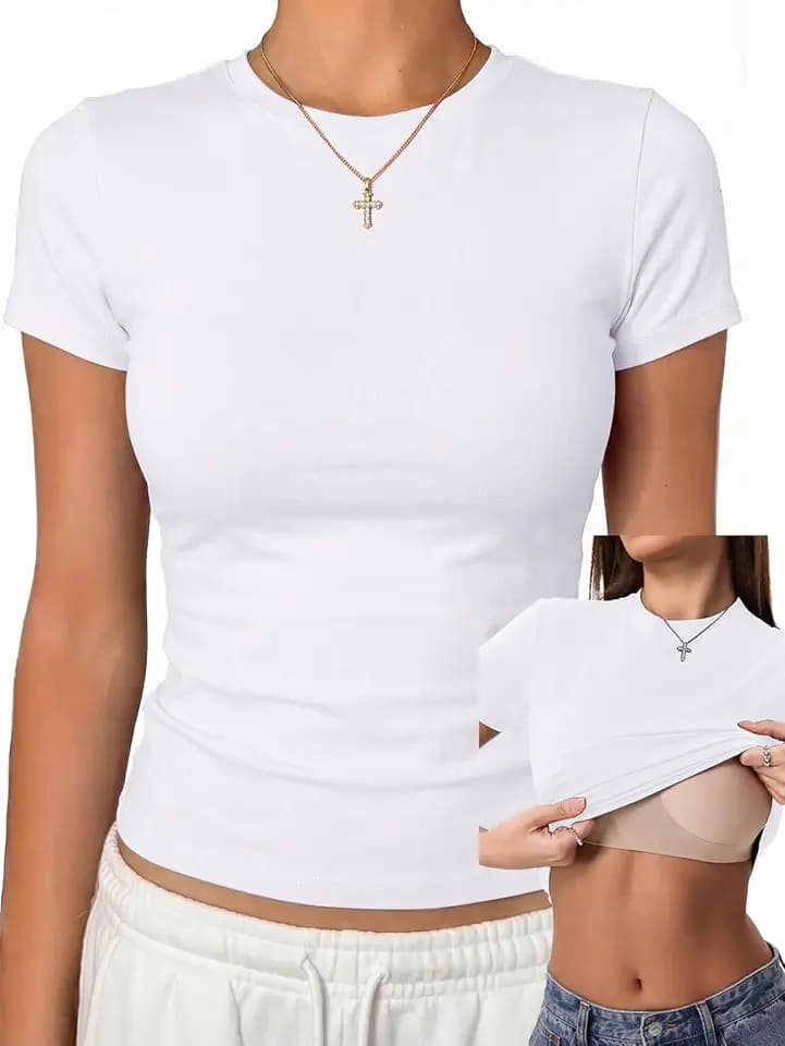 Danysu Womens Tops with Built in Bra Short Sleeve Fitted Crop T Shirt