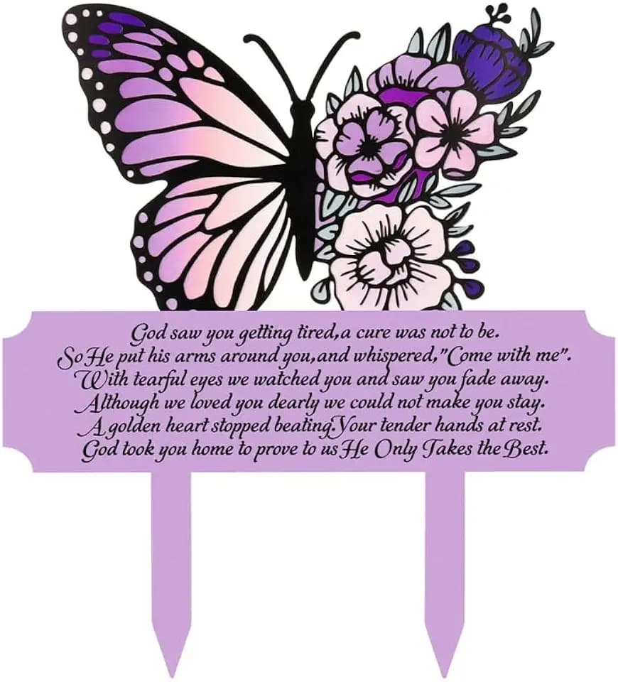 Memorial Stakes Grave Decorations Butterfly Memorial Grave Markers Waterproof Remembrance Plaque Metal Sympathy Grave Stake for Cemetery Outdoors Yard Garden