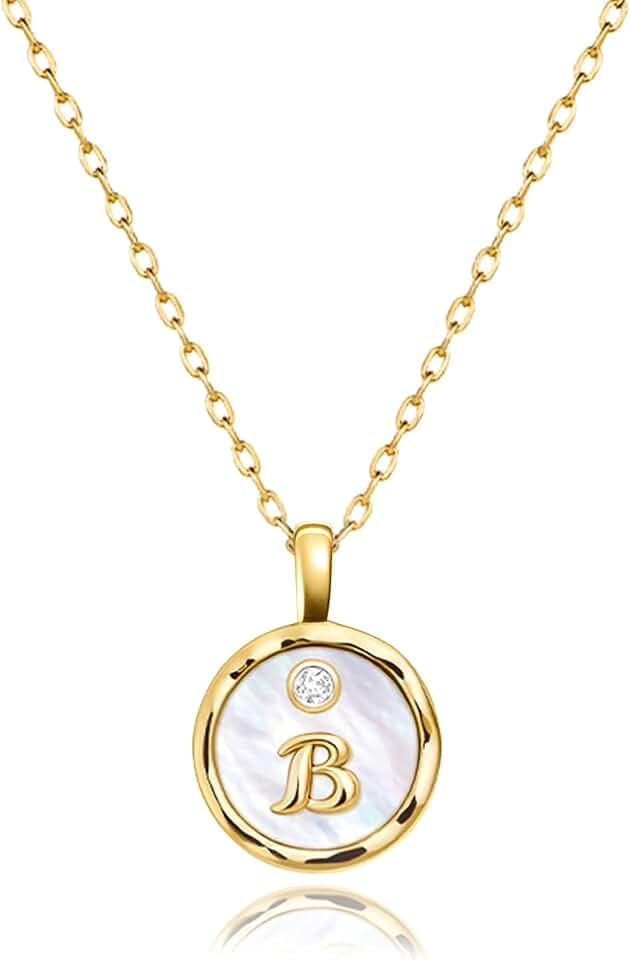 14K Gold Plated Dainty Initial Pendant Necklace for Women, Round Ivory shell Cubic Zirconia Monogram Pendant Slim Chain Layering Wear Jewelry Gifts