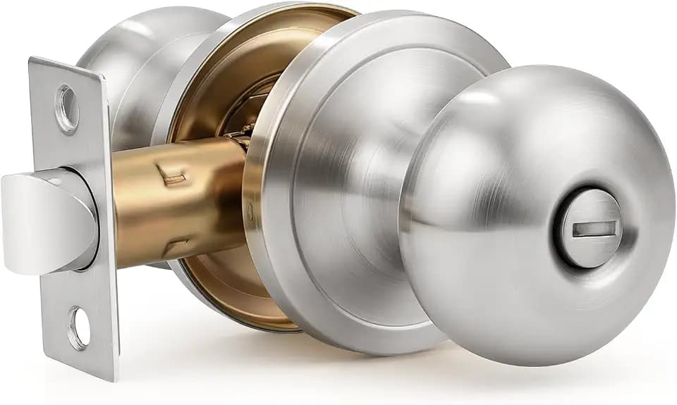 1 Pack Privacy Door Knob with Lock Brushed Nickel, Keyless Door Knob Interior for Bedroom and Bathroom, Easy Install Round Knob for Standard Doors