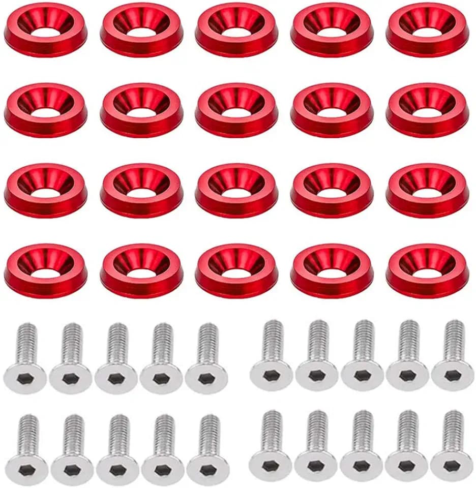 20PCS Fender Bumper Washer Bolt M6x20mm 6061 T6-Grade CNC Billet Aluminum Washer Engine Bay Dress Up Fastener Kit (Red)