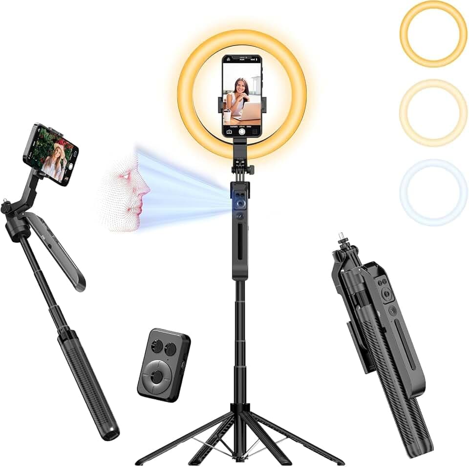 Auto Face Tracking Tripod for iPhone with Light, No APP Needed 71" Phone Camera Tripod Stand 360 Rotation Selfie Stick Follows Your Movement with Remote for Content Creator Vlog Live Stream