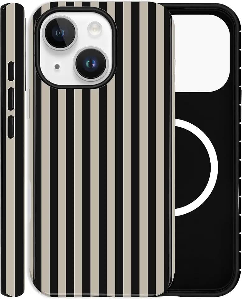 Magnetic Case for iPhone 14 Plus, Compatible with MagSafe, Aesthetic Striped Cute Design for Women, Hybrid 2-Layer Hard Shell Phone Cover, Black