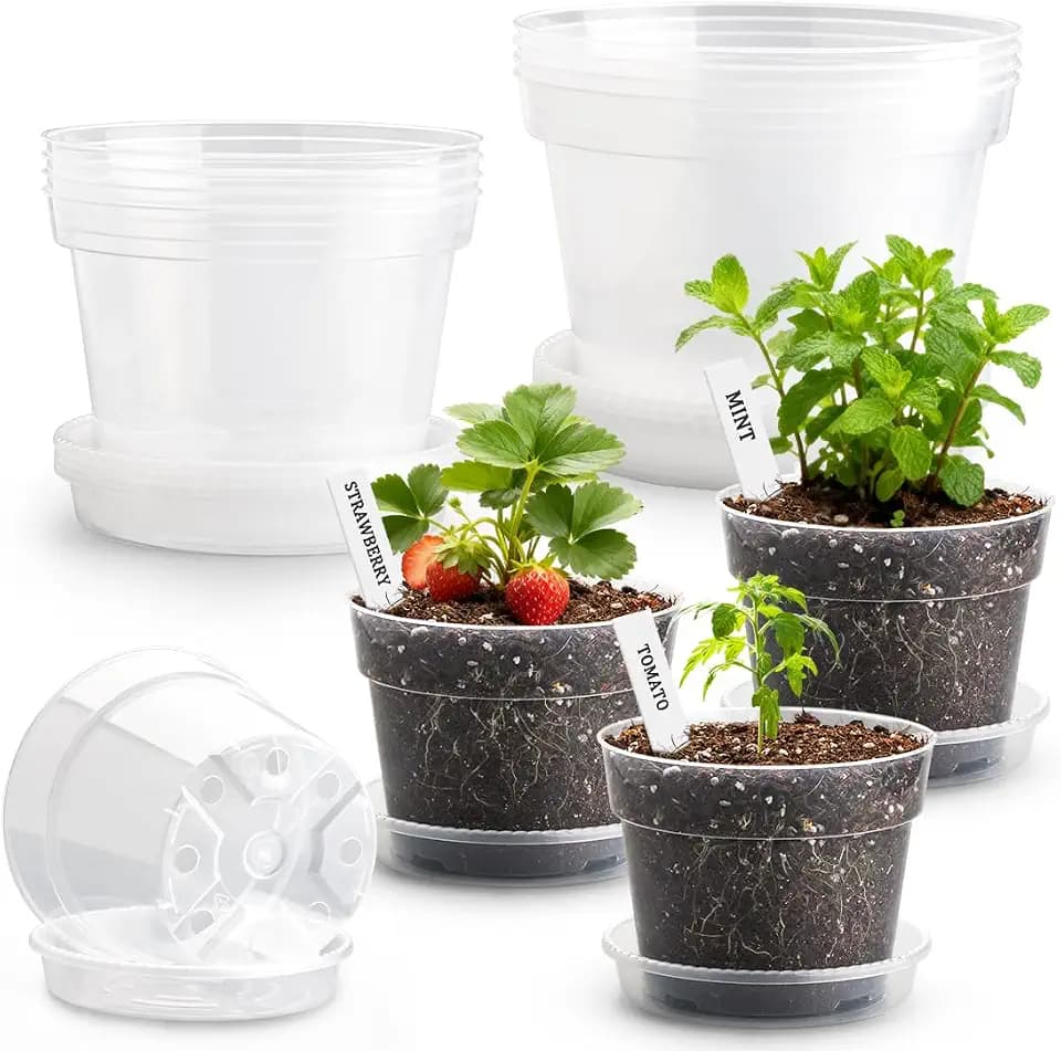 10/8/6 Inch Clear Plant Pots with Drainage Hole 12 Pack, Transparent Sturdy Plastic Nursery Pots with Saucers, Plant Label, Gardening Gloves, Plant Starter Pots for Planting Seed Herb Vegetable Flower