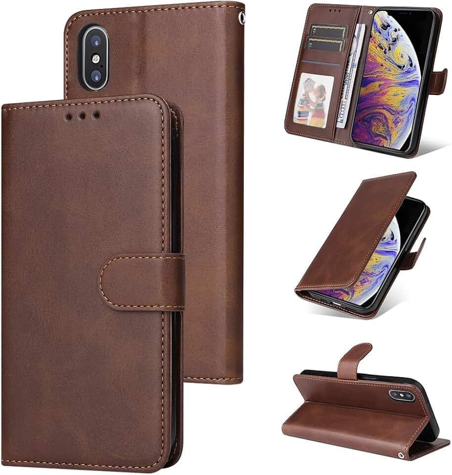 E-Lush Handyhülle für iPhone XS Hülle Leder PU, Magnet Klapphülle Flip Wallet Kartenfach 360 Stoßfeste Schutzhülle für iPhone X Hülle mit Standfunktion, Marron