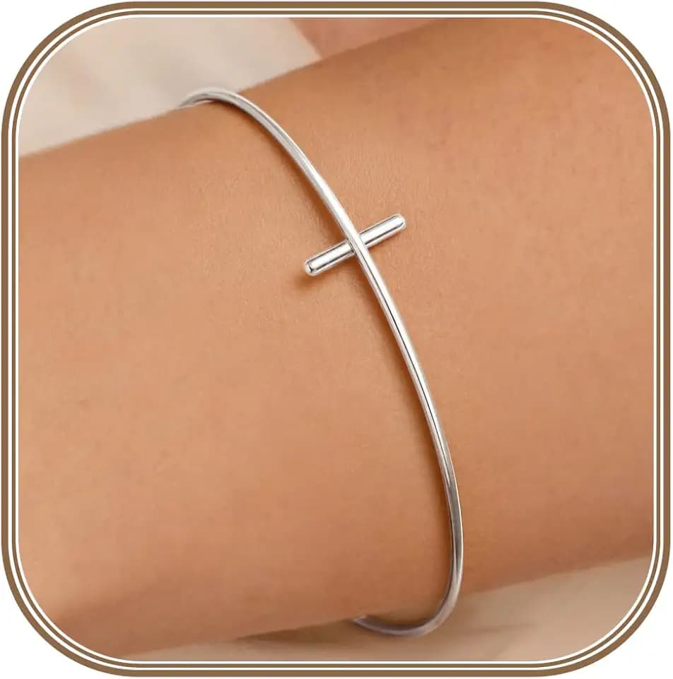 Cross Cuff Bracelet for Women, 14K Gold Plated Dainty Minimalist Thin Wire Open Bangle, Lightweight Non Tarnish Hypoallergenic Christian Faith Confirmation Jewelry